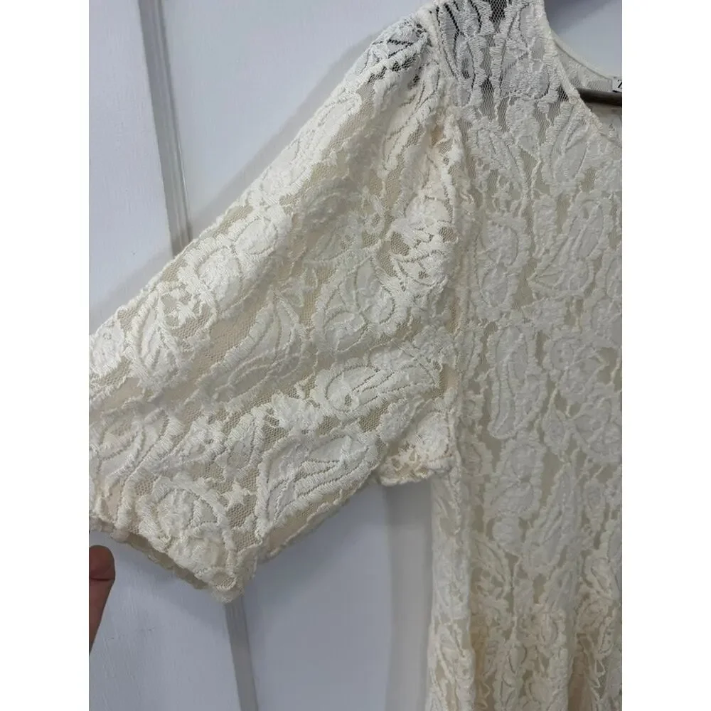 Zara Ivory Cream Allover Lace Dress Sz L Romantic Bridal Vintage Glamour Boho